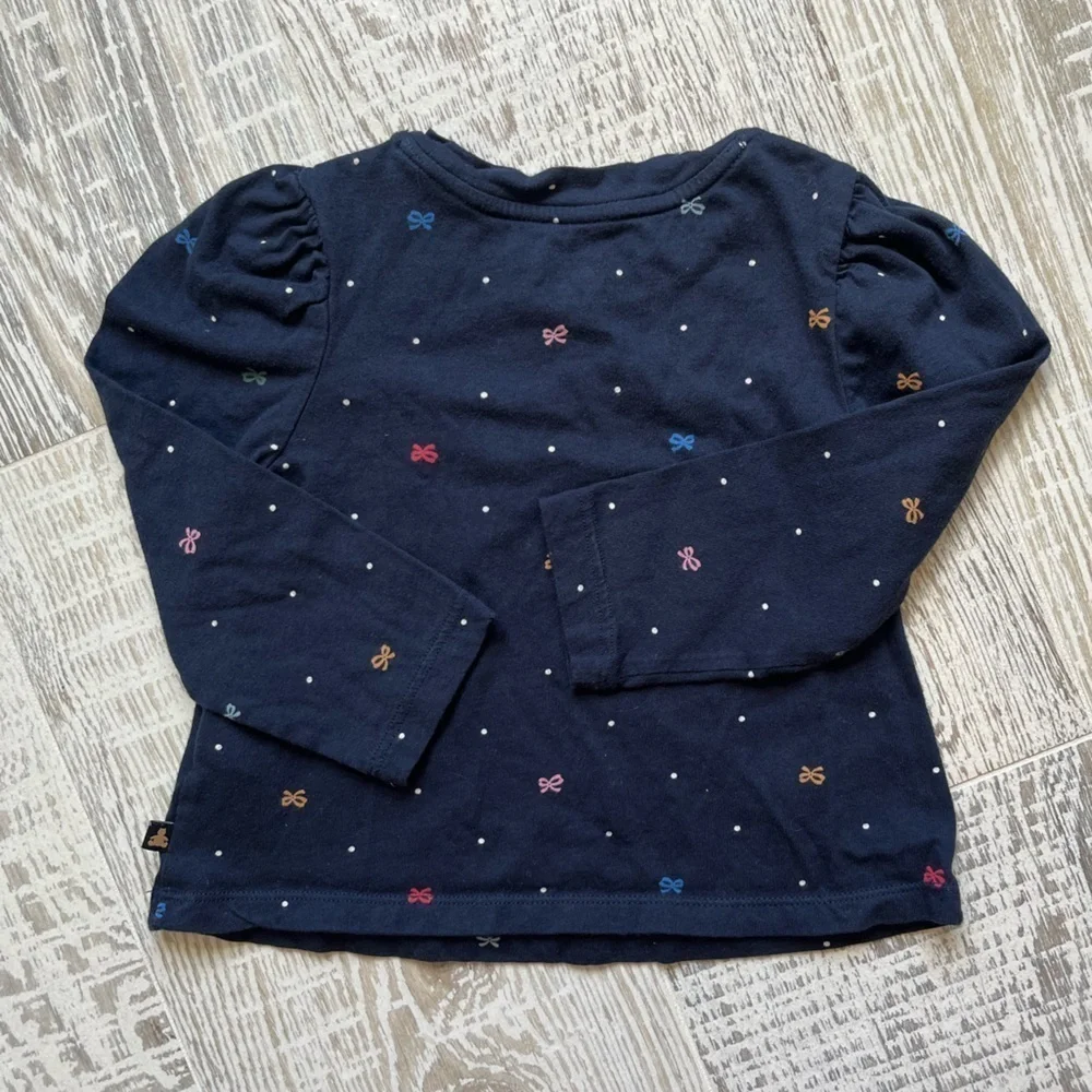 Baby Gap 3T navy blue long sleeve bows polkadot print shirt puff shoulder